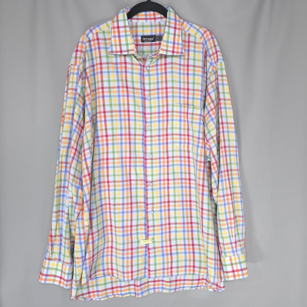 ST. CROIX Men’s Dress Shirt XXL Multicolor Plaid Check Button Front ITALY Made